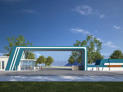 Modern Blue And White Entrance Gate With Blue Sky Trees Buildings And Square Pavement 3d model