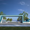 Modern Blue And White Entrance Gate With Blue Sky Trees Buildings And Square Pavement