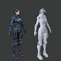 Detailed Female 3D Character With Blue Armor And Wireframe Model Design