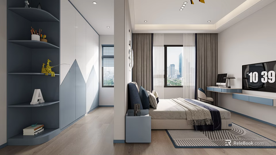 Modern Kids Bedroom With Storage Cabinets Study Desk And Natural Light 3d model 