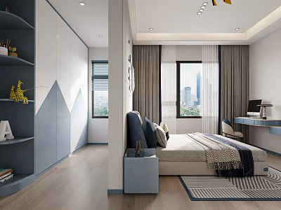 Modern Kids Bedroom With Storage Cabinets Study Desk And Natural Light 3d model