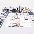 Design Magazines Open With Stationery Books And Tools On Workspace 3d model