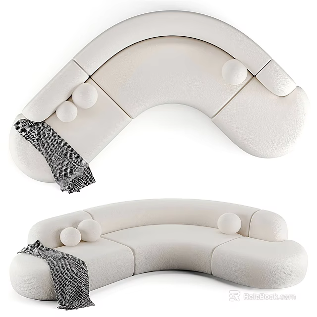 White Curved Sectional Sofa With Decorative Round Balls And Gray Patterned Throw 3d model 