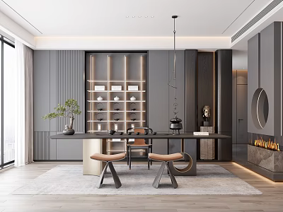 Modern Tea Room With Long Table Chairs Wooden Display Shelves Tea Sets And Green Plant 3d model