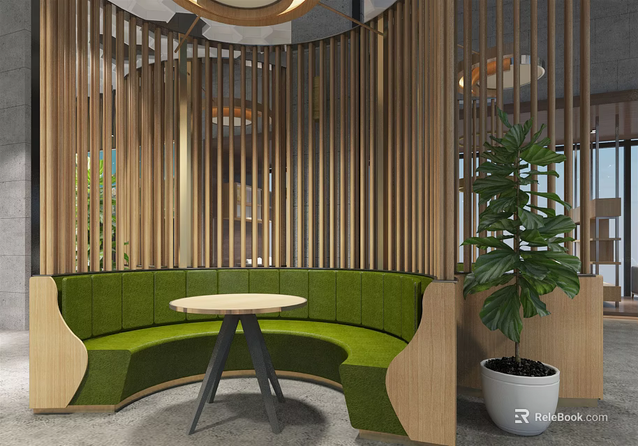 Green Curved Public Chair With Small Table And Wooden Slat Screen In Modern Public Space 3d model 