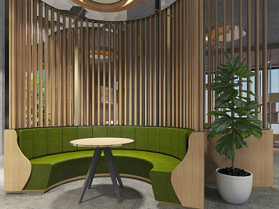 Green Curved Public Chair With Small Table And Wooden Slat Screen In Modern Public Space 3d model