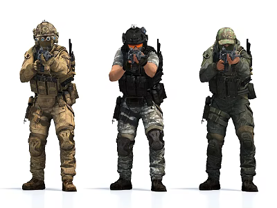 Game Movie Characters Tactical Soldiers In Different Uniforms With Weapons And Combat Stance 3d model