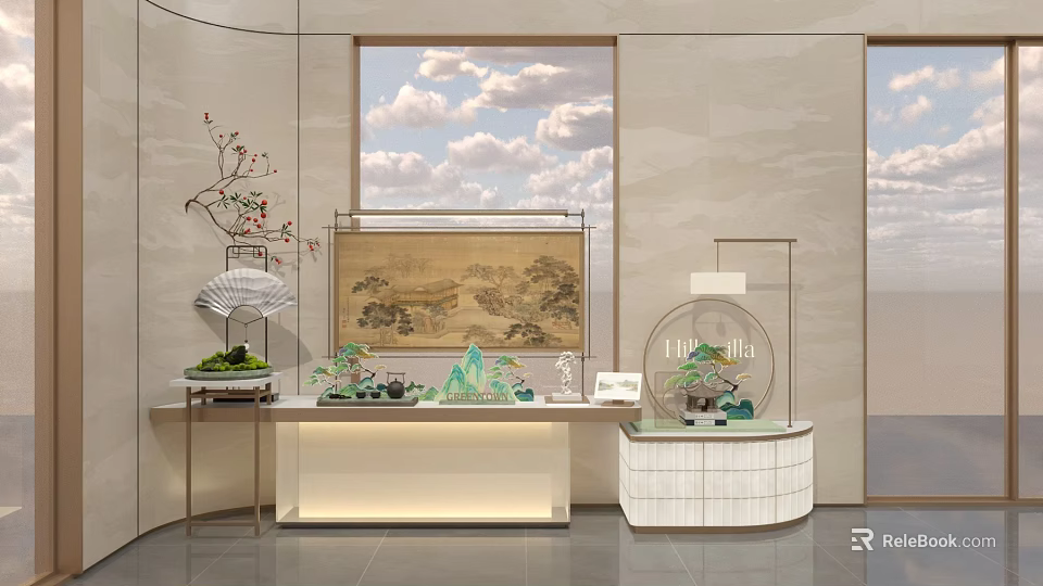 Modern Sales Office Interior With Chinese Landscape Painting Green Plants And Elegant Decorations 3d model 