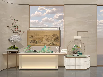 Modern Sales Office Interior With Chinese Landscape Painting Green Plants And Elegant Decorations 3d model