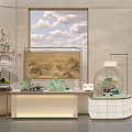 Modern Sales Office Interior With Chinese Landscape Painting Green Plants And Elegant Decorations