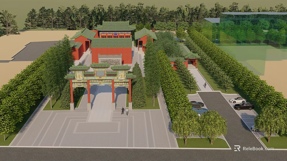 Traditional Ancient Chinese Architecture With Red Buildings Green Roofs And Ornate Gate 3d model 
