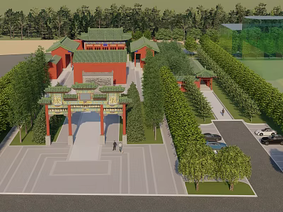 Traditional Ancient Chinese Architecture With Red Buildings Green Roofs And Ornate Gate 3d model