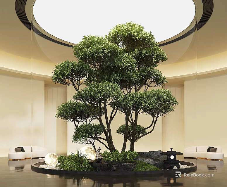 Large Indoor Bonsai Plant In Modern Space With Decorative Stones And Ambient Lighting 3d model 