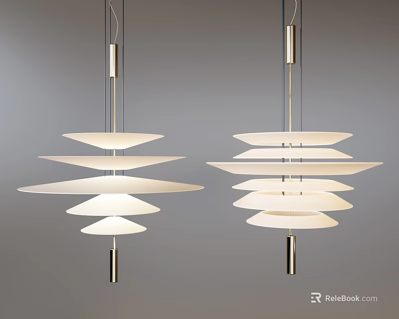 Modern Pendant Chandeliers With Multi Layer White Discs And Metallic Stems 3d model