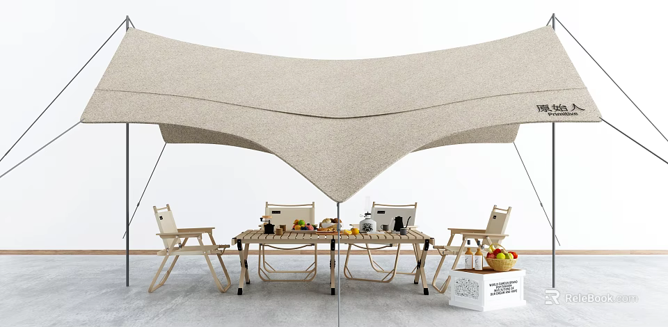 Beige Fabric Shade Canopy Over Outdoor Seating Area With Table And Fruits 3d model 