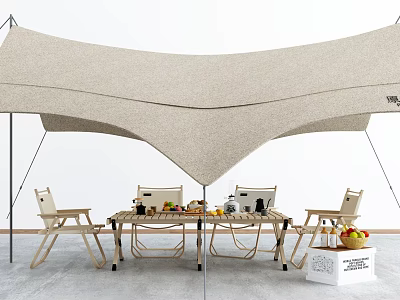 Beige Fabric Shade Canopy Over Outdoor Seating Area With Table And Fruits 3d model