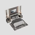 Modern Background Double Bed with Striped Headboard Wall Art Nightstands Lamps and Gray White Bedding