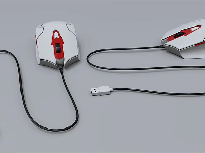 White And Red Wired Gaming Mice With USB Cable For Computer Peripherals 3d model