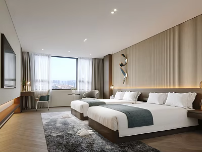 Modern Hotel Guest Room Featuring Twin Beds Large Window City View Wooden Panel Wall 3d model