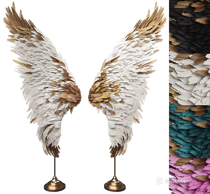 Wing Shaped Feather Ornamental Decor Set With White Gold Black Green Pink Colors 3d model 