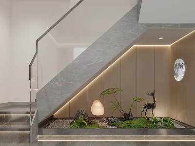 Modern Marble Staircase With Glass Railing Deer Sculpture And Circular Wall Decor 3d model