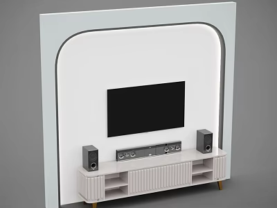 Modern TV Stand With TV Speakers And White Curved Background Wall Storage Design 3d model