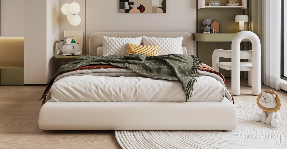 White Kids Bed with Soft Upholstered Headboard Cozy Quilt Side Table Desk and Round Rug 3d model 