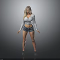 A Blonde Woman In Gray Long Sleeve Top And Denim Shorts Standing With Hands Open