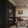 Elegant Modern Bedroom Interior With White Pendant Light Framed Art Geometric Rug And Accent Chair