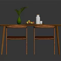 Wooden Dining Table Set with Four Chairs Green Table Runner and Fruit Plate