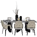 Modern Dining Table Set with Patterned Chairs Glass Top Decorative Vases Wine Glasses and Tableware 3d model