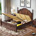 Wooden Double Bed with Lift Up Storage for Clothes and Nightstand Lamp in Bedroom