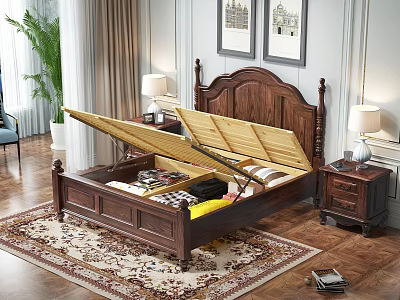 Wooden Double Bed with Lift Up Storage for Clothes and Nightstand Lamp in Bedroom 3d model