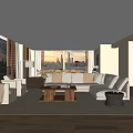 Modern Living Dining Room Interior With Large Window City Skyline And Sofa Set