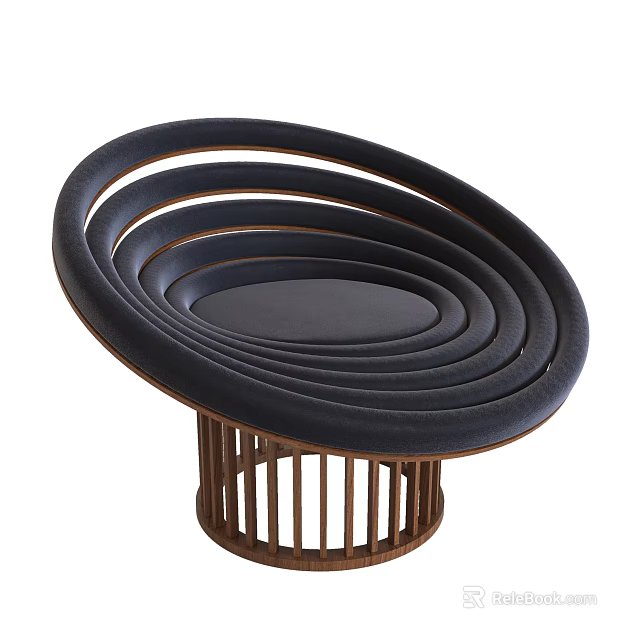 Modern Lounge Chair with Circular Rings Structure Multiple Layers Slatted Wooden Base and Dark Cushion 3d model 