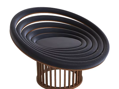Modern Lounge Chair with Circular Rings Structure Multiple Layers Slatted Wooden Base and Dark Cushion 3d model