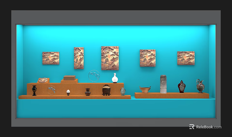 Display Of Antique Artworks Paintings And Sculptures On Blue Wall Shelf 3d model 