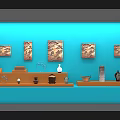 Display Of Antique Artworks Paintings And Sculptures On Blue Wall Shelf