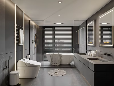 Modern Minimalist Bathroom Interior With Glass Shower Freestanding Tub Double Vanity And Backlit Mirror 3d model