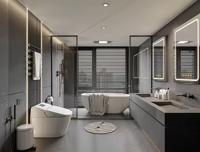 Modern Minimalist Bathroom Interior With Glass Shower Freestanding Tub Double Vanity And Backlit Mirror 3d model