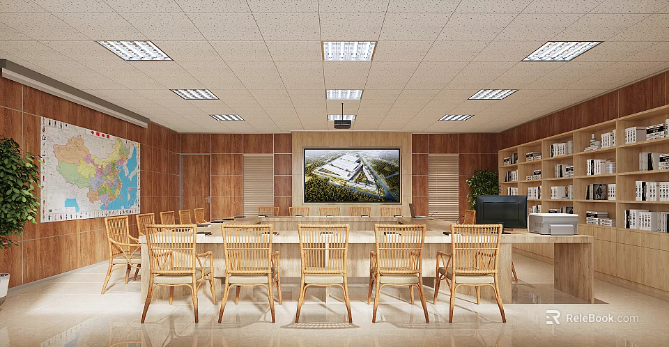 Modern Conference Room Interior With Long Table Wooden Chairs Large Screen TV And Bookshelves 3d model 