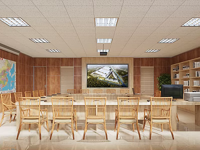 Modern Conference Room Interior With Long Table Wooden Chairs Large Screen TV And Bookshelves 3d model