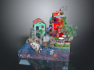 Cartoon Scene With Colorful Houses Small Boat Water Stone Steps And Green Trees 3d model