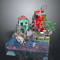 Cartoon Scene With Colorful Houses Small Boat Water Stone Steps And Green Trees