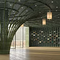 Modern Store Front Desk Design With Curved Ceiling Pendant Lights And Display Shelves