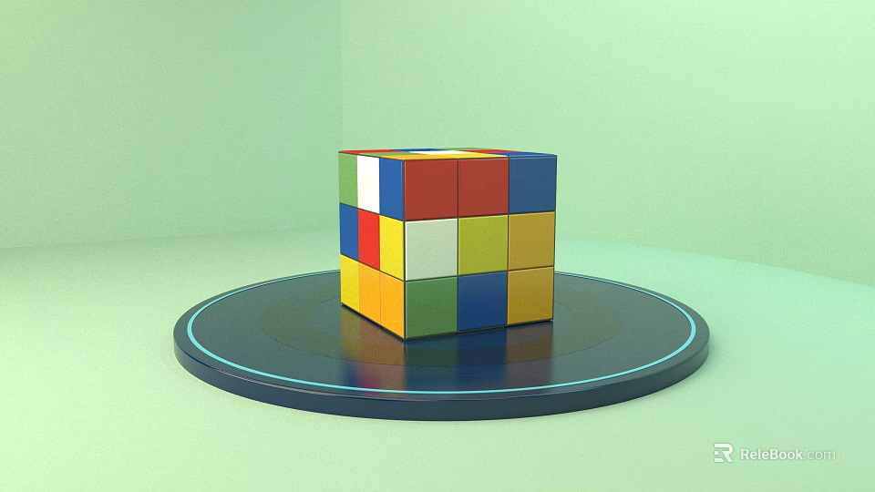 Colorful Building Blocks Cube On Shiny Round Platform With Light Green Background 3d model