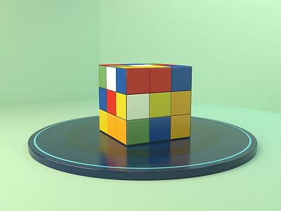 Colorful Building Blocks Cube On Shiny Round Platform With Light Green Background 3d model