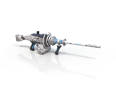 Futuristic Mechanical Weapon with Long Barrel and Circular Components Silver Blue Accents and Complex Structure 3d model