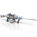 Futuristic Mechanical Weapon with Long Barrel and Circular Components Silver Blue Accents and Complex Structure