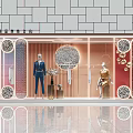 Elegant Shop Window Display With Mannequins Clothing Circular Decorations And Geometric Patterns